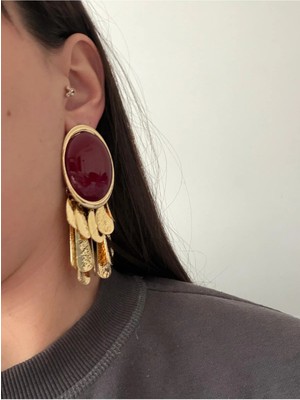 Çelik Gold Detaylı Sallantılı Trim Bordo Küpe