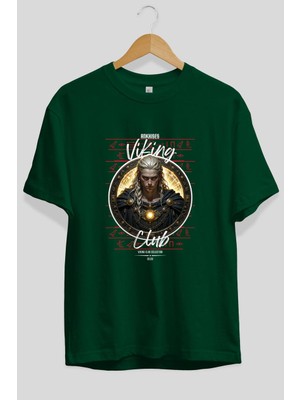 Ankhises Viking Mitolojisi  14 Ön Baskılı Yeşil Oversize T-Shirt Erkek Kadın Pamuk Bisiklet Yaka Tişort