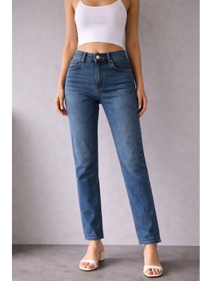 İnce Moda Giyim Kadın Yüksek Bel Straight Fit Jean Pantolon – Kahverengi / Mavi / Ekru