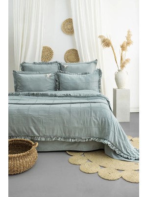 Şaheser Home Collection Fiorella Yatak Örtüsü Seti, Fırfır Detaylı %100 Pamuk Jakarlı Kumaş, El Nakışlı 6'lı Yatak Örtü Seti