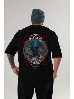 Ankhises Fenrir Arka Baskılı Siyah Oversize T-Shirt Erkek Kadın Pamuk Bisiklet Yaka Tişort