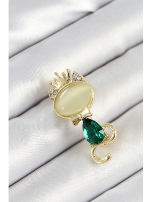 Ne Verelim Size Yeşil Damla Zirkon Taşlı Kraliçe Taçlı Kedi Figürlü Gold Renk Kadın Broş - TJ-BR450
