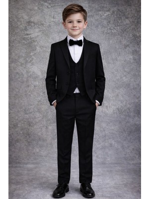 Tarz Çocuk Erkek Çocuk Siyah Takım Elbise 5 Parça Set – Damatlık, Düğün, Mezuniyet, Özel Gün Kombini (Ceket + Yelek + Pantolon + Gömlek + Papyon)