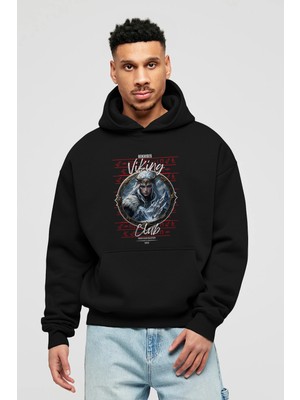 Ankhises Viking Mitolojisi Serisi 19 Ön Baskılı Siyah Oversize Kapüşonlu Sweatshirt Erkek Kadın