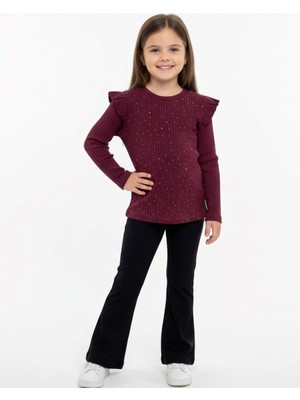 Ege Bebek Kız Çocuk Fitilli Taşlı Mevsimlik Şık 2'li Takım L 4-12 Yaş Taşlı Ispanyol Paçalı Tayt ve Bluz