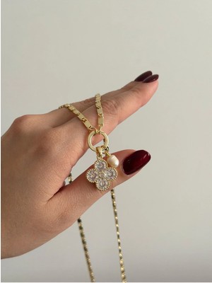 Çelik Özel Koleksiyon Zirkon Uzun Yonca Kolye 60 cm