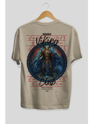 Ankhises Heimdall Arka Baskılı Bej Oversize T-Shirt Erkek Kadın Pamuk Bisiklet Yaka Tişort