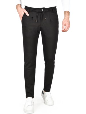 Rizzup Erkek Siyah Beli Lastikli Slim Fit Likralı Duble Paça Penye Spor Pantolon 2502385