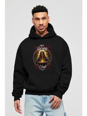 Ankhises Viking Mitolojisi Serisi 17 Ön Baskılı Siyah Oversize Kapüşonlu Sweatshirt Erkek Kadın