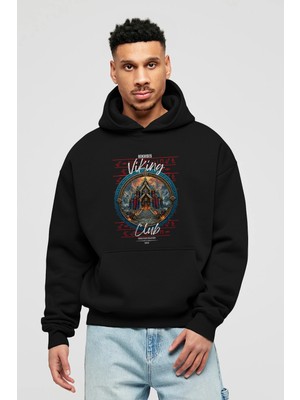 Ankhises Valhalla Ön Baskılı Siyah Oversize Kapüşonlu Sweatshirt Erkek Kadın