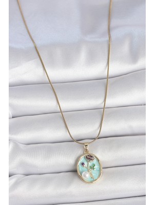 Ne Verelim Size 316L Çelik Gold Renk Zincir Mavi Çiçek Işlemeli Inci Detay Portre Model Kadın Kolye - Tj-Bko1