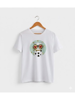 Texrium Özel Tasarım Kalp Gözlü Cool Kedi Baskılı %100 Pamuk  T-Shirt