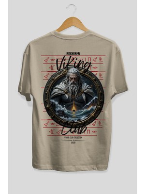 Ankhises Viking Mitolojisi  13 Arka Baskılı Bej Oversize T-Shirt Erkek Kadın Pamuk Bisiklet Yaka Tişort
