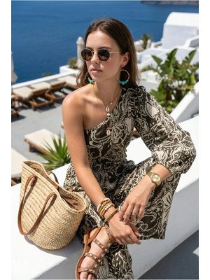 Fashion Cocktail Hint Şal Desenli Asimetrik Tek Omuz Tek Kol Pantolon Crop Yazlık Tatil Bohem Boho Takım