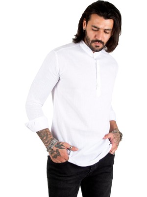 Rizzup Erkek Beyaz Yarım Düğmeli Hakim Yaka Flamlı Keten Gömlek 2201914
