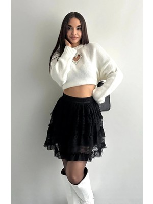 Fashion Cocktail Gotik Puantiyeli Puanlı Kat Tül Tütü Şortlu Beli Lastikli Dantelli Baharlık Yazlık Kombin Etek Siyah