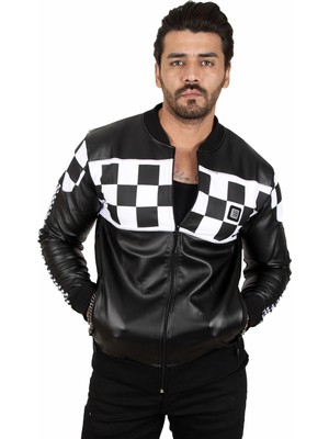 Rizzup Siyah-Beyaz Dar Kesim Dama Desenli Kolej Yaka Erkek Suni Deri Mont / Ceket 2100182