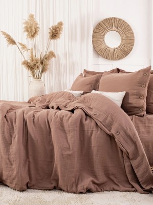 Şaheser Home Collection Vetro Müslin Nevresim Takımı, Düğmeli Tasarımlı, %100 Pamuk Müslin Kumaş, 6 Parça Yatak Odası Seti