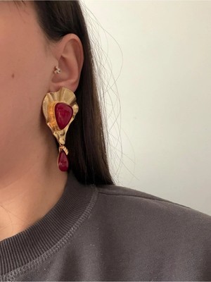 Çelik Gold Mat Plaka Detaylı Bordo Siny Küpe