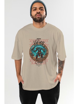 Ankhises Hrungnir Ön Baskılı Bej Oversize T-Shirt Erkek Kadın Pamuk Bisiklet Yaka Tişort