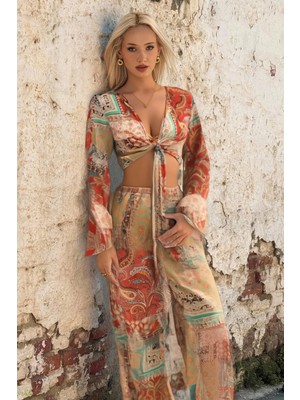 Fashion Cocktail Etnik Paisley Şal Desenli Bağlama Krop Palazzo Pantolon Yazlık Astarsız Transparan Plaj Sahil Takım