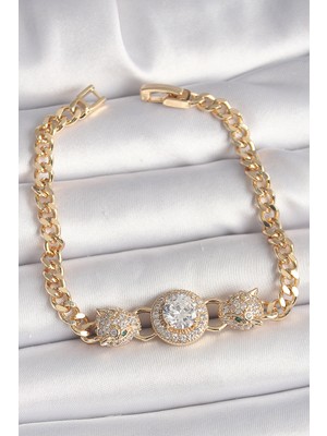 Ne Verelim Size Pirinç Gold Renk Zirkon Taşlı Leopar Figür Zincir Model Kadın Bileklik - TJ-BB6828