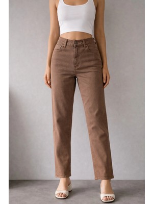 İnce Moda Giyim Kadın Yüksek Bel Straight Fit Jean Pantolon – Kahverengi / Mavi / Ekru