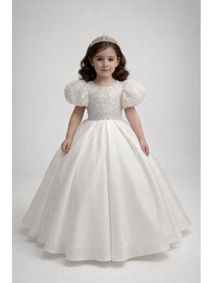 Tarz Çocuk Kız Çocuk Beyaz Prenses Abiye Elbise – Balon Kollu Işıltılı Tül Model
