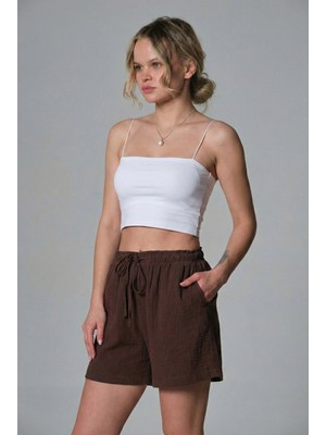 Domoda %100 Pamuk Müslin Kumaş Rahat Kesim Bağcıklı Lastikli Cepli Kadın Şort @las Palmas