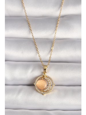 Ne Verelim Size 316L Çelik Gold Renk Zirkon Taşlı Turuncu Sedefli Hilal Model Kadın Kolye - TJ-BKO9704