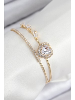 Ne Verelim Size Pirinç Zirkon Taşlı Kalp Model Gold Renk Kadın Bileklik - TJ-BB7855
