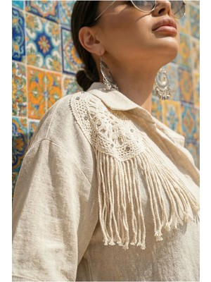 Fashion Cocktail Apoleti Taşlı Omuz Dantel Püsküllü Düğmeli Uzun Kollu Bohem Yazlık Ofis Tatil Keten Gömlek