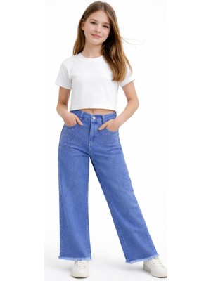 İrem Çocuk Giyim Kız Çocuk Cep Üzeri Salaş Taş Baskılı Bol Paça Model Paçası Püskül Detaylı Mavi Renk Kot Pantolon