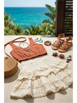 Fashion Cocktail Yüksek Bel Geniş Lastikli Esnek Dantel Katlı Işlemeli Vintage Görünümlü Kombin Bohem Tatil Etek