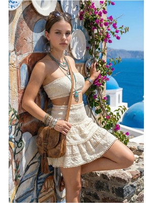 Fashion Cocktail Yüksek Bel Geniş Lastikli Esnek Dantel Katlı Işlemeli Vintage Görünümlü Kombin Bohem Tatil Etek