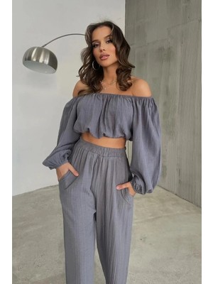 Fashion Cocktail Düşük Omuz Yazlık Lastikli Bohem Sahil Pantolon Krop Göbek Açık Kadın Takım