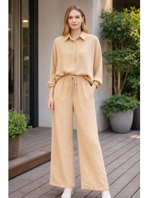 İnce Moda Giyim Doğal Dokulu 2’li Takım – Salaş Gömlek & Bol Paça Pantolon (Bej)