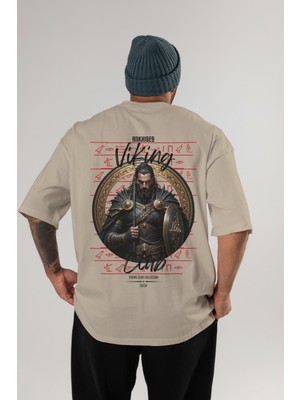 Ankhises Viking Mitolojisi  6 Arka Baskılı Bej Oversize T-Shirt Erkek Kadın Pamuk Bisiklet Yaka Tişort