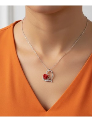 Modahilye - 925 Ayar Gümüş Kalbimin Gülü Zirkon Taşlı Kadın Gümüş kolye