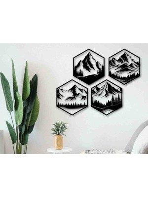 Talaşoğlu Hexagon Dağ Manzarası Duvar Dekoru – 4’lü Modern Metal Görünümlü 3D Baskı Duvar Süsü