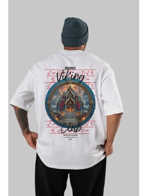 Ankhises Valhalla Arka Baskılı Beyaz Oversize T-Shirt Erkek Kadın Pamuk Bisiklet Yaka Tişort