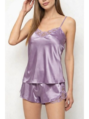 Zenches Kadın Dekolteli Güpür Detaylı Kısa Saten Şortlu Gecelik