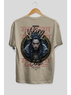 Ankhises Viking Mitolojisi  18 Arka Baskılı Bej Oversize T-Shirt Erkek Kadın Pamuk Bisiklet Yaka Tişort