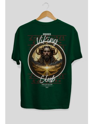 Ankhises Viking Mitolojisi  3 Arka Baskılı Yeşil Oversize T-Shirt Erkek Kadın Pamuk Bisiklet Yaka Tişort