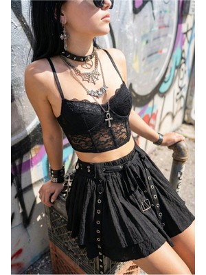 Fashion Cocktail Punk Gotik Saçaklı Grommet Detaylı Vintage Görünümlü Metalli Akışkan Saçaklı Tasarım Etek