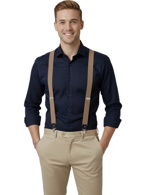 Rizzup Unisex Bej Derili Esneyebilen Lastik Ayarlanabilir Metal Klipsli Pantolon Askısı 2602025