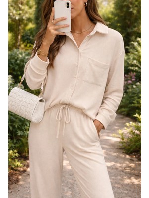 İnce Moda Giyim Fitilli Dokulu 2’li Takım – Gömlek & Bol Paça Pantolon