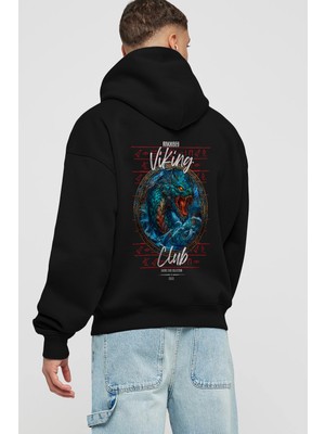 Ankhises Jörmungandr Arka Baskılı Siyah Oversize Kapüşonlu Sweatshirt Erkek Kadın
