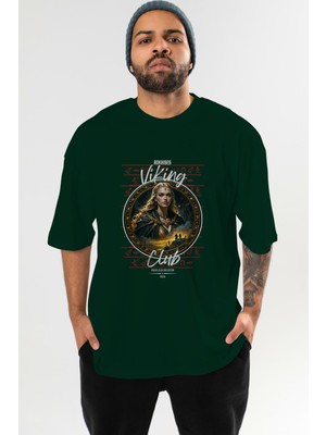 Ankhises Viking Mitolojisi  1 Ön Baskılı Yeşil Oversize T-Shirt Erkek Kadın Pamuk Bisiklet Yaka Tişort