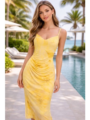 İnce Moda Giyim Sarı Batik Desen Askılı Drapeli Midi Elbise